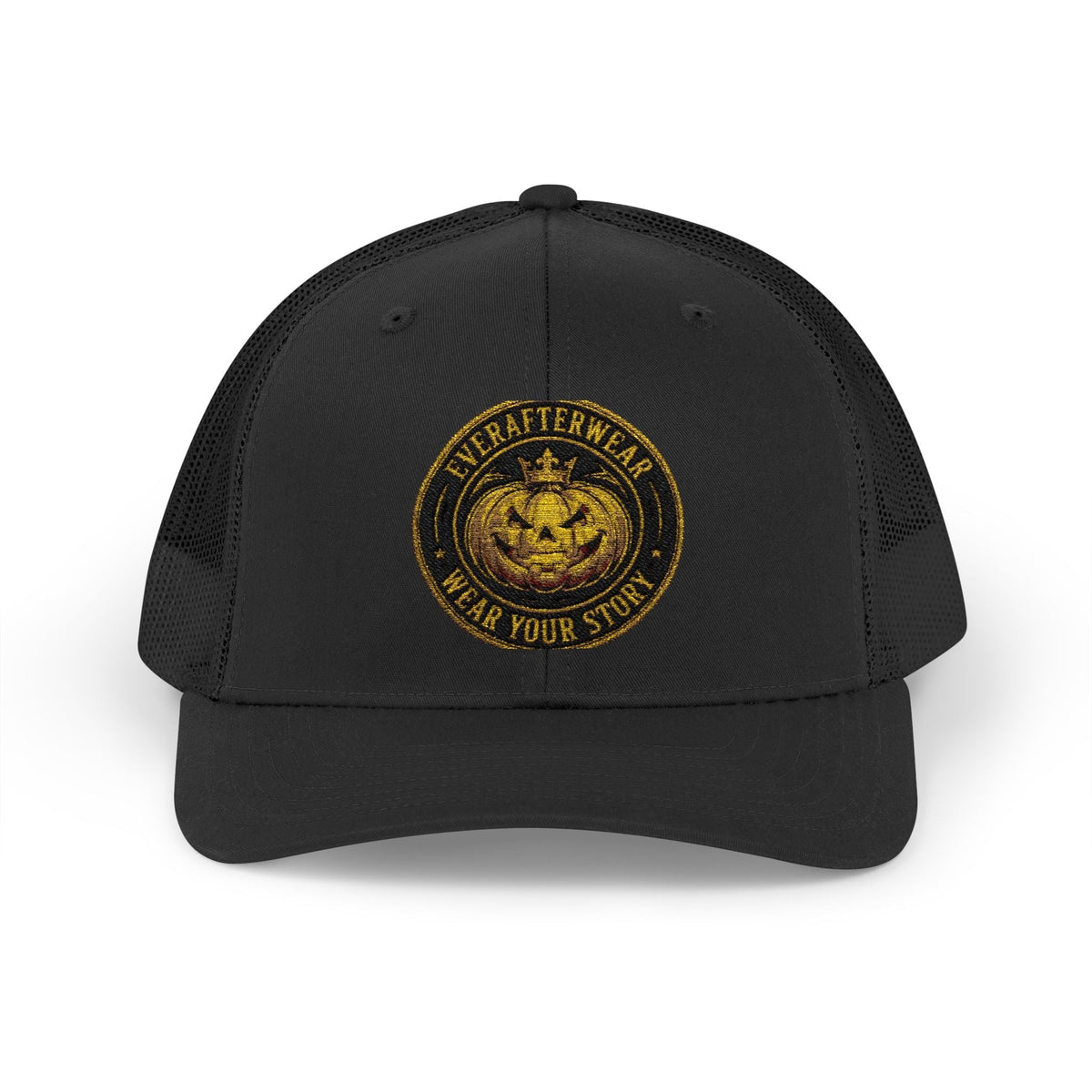 EverAfterWear Pumpkin Badge snapback - headwear mockup with gold streetwear design
