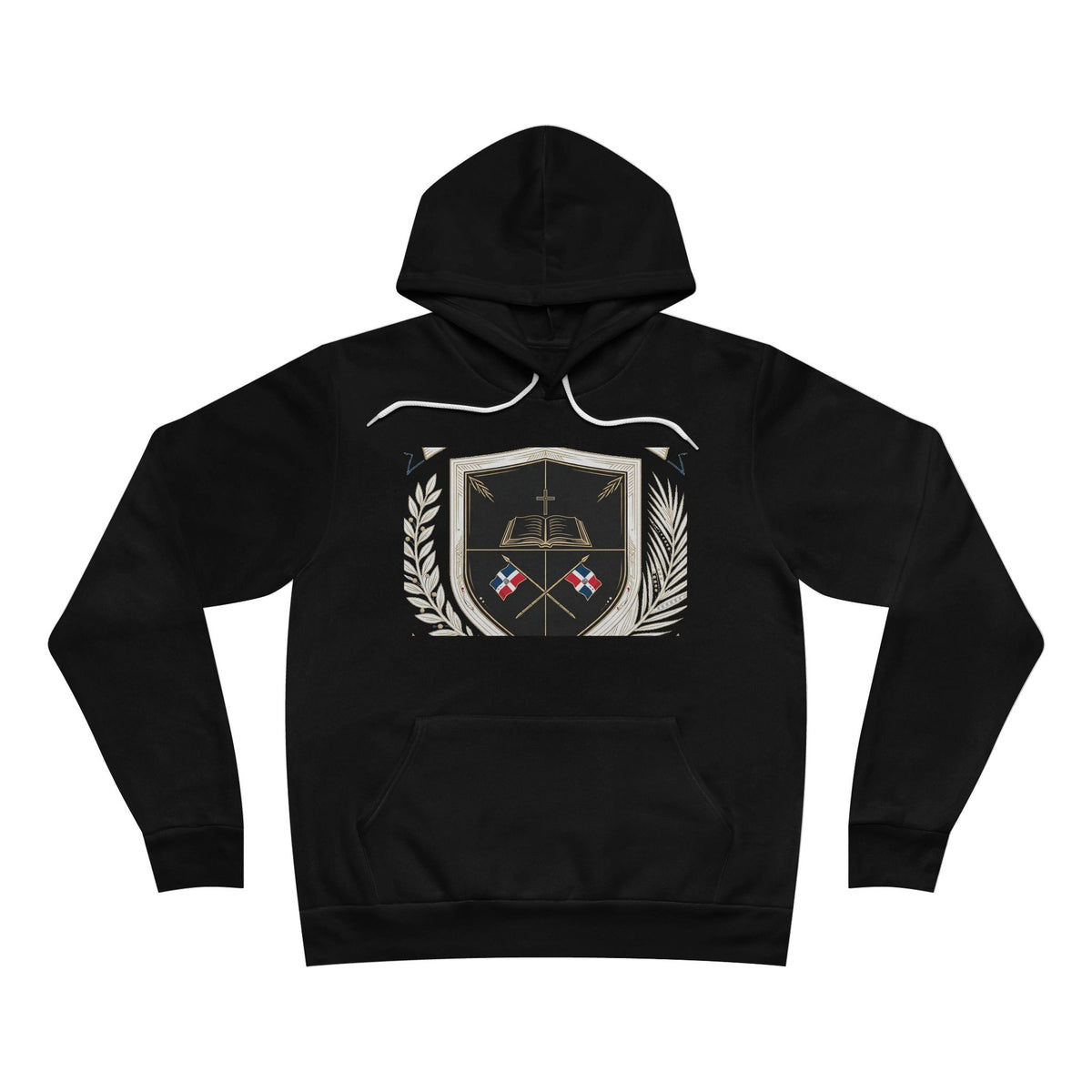 EverAfterWear Dominican Shield Noir Women's hoodie - product mockup with gold streetwear design - alternate view