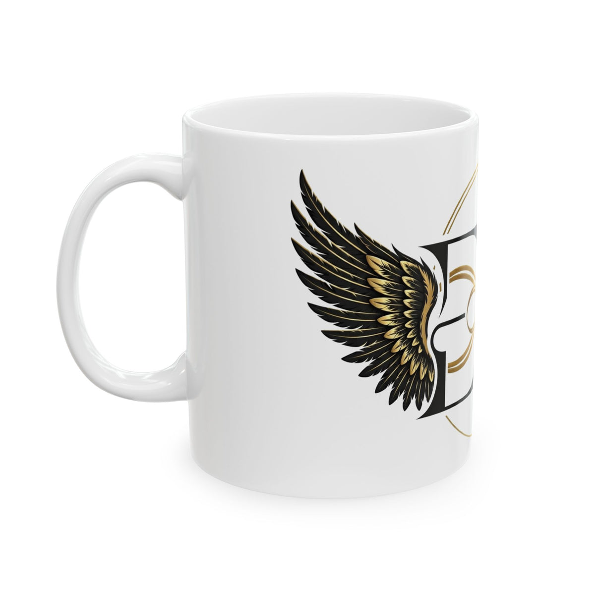 EverAfterWear Angel Wings Infinity mug - ceramic coffee mug mockup with gold streetwear design - alternate view