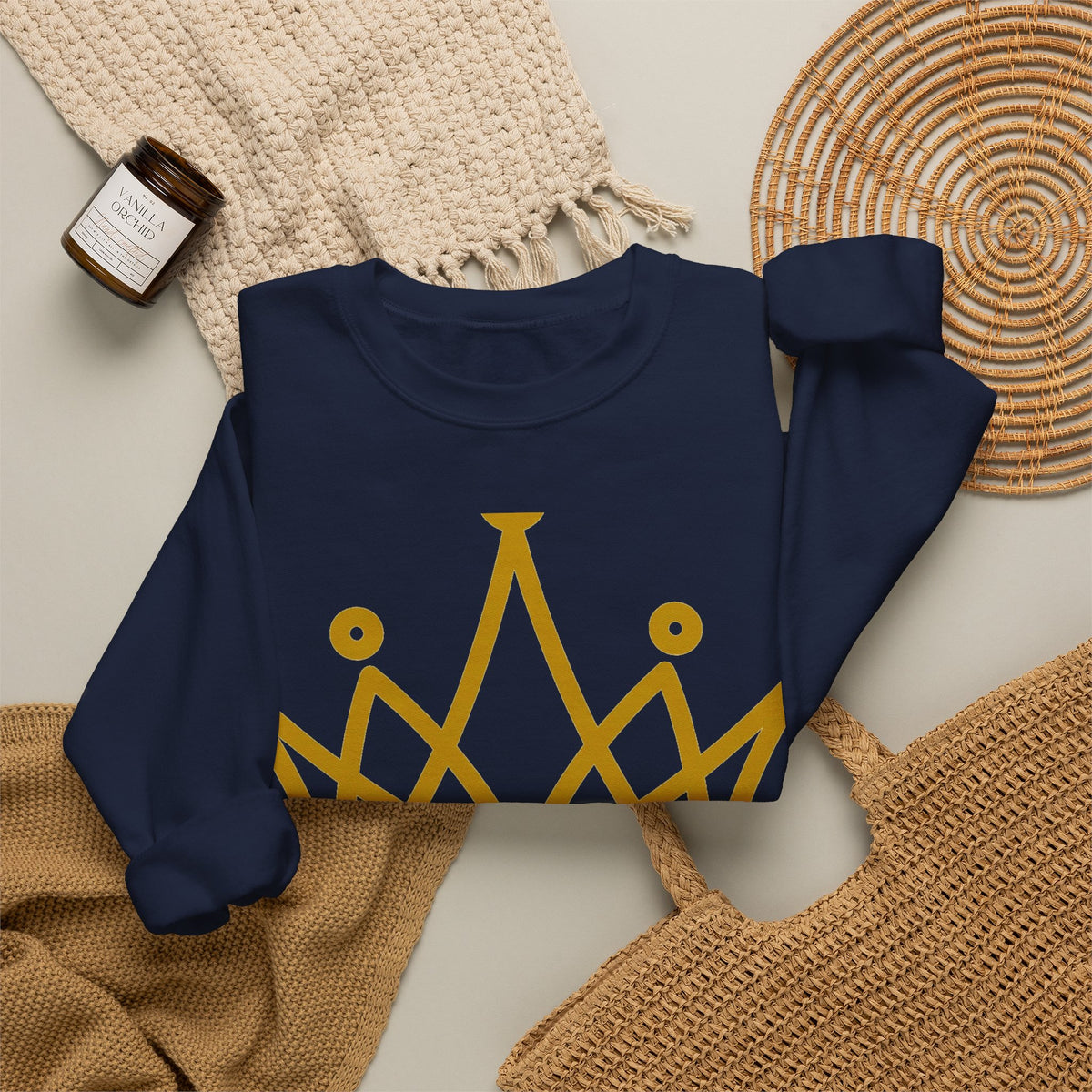 EverAfterWear Petit Crown Men's sweatshirt - product mockup with gold streetwear design - alternate view