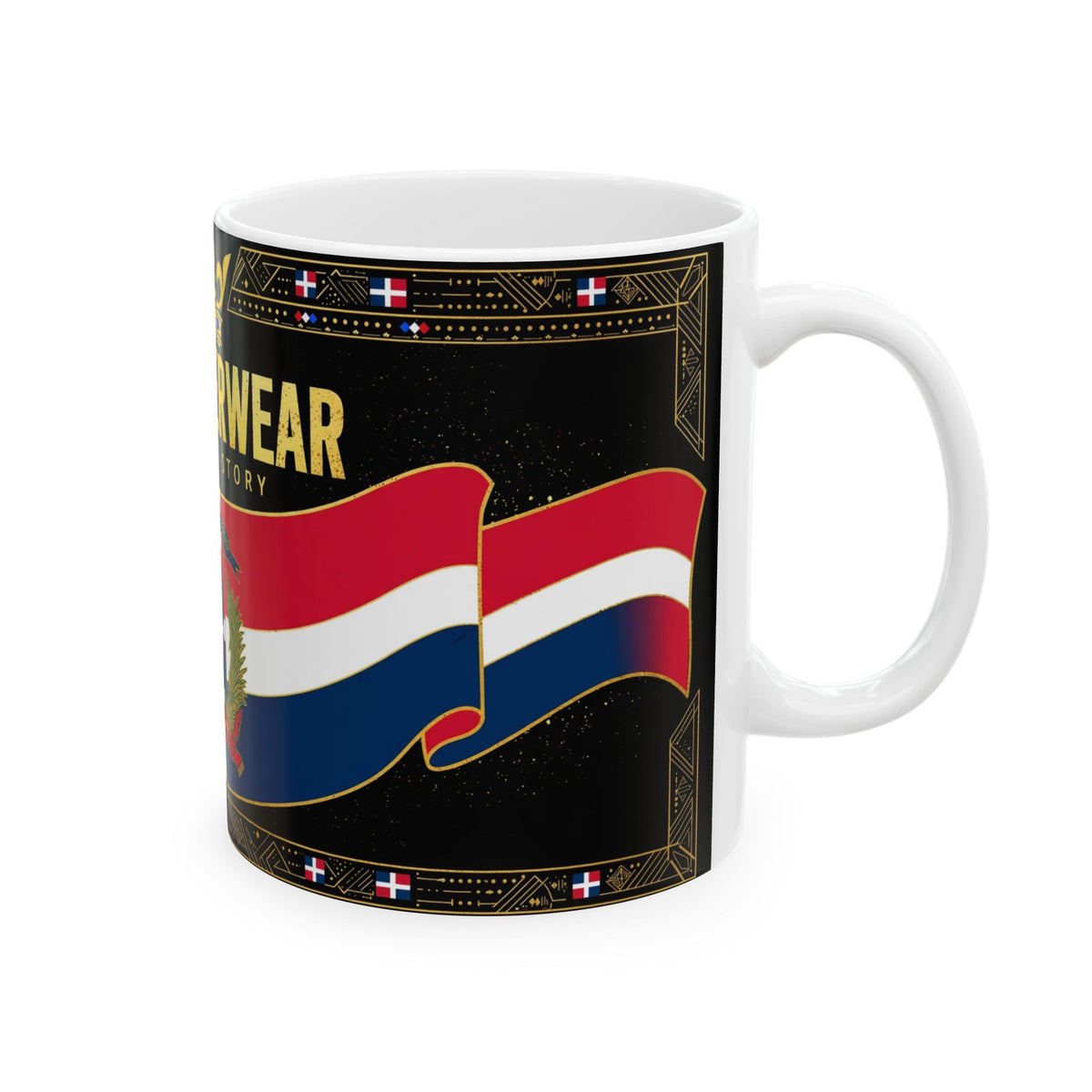 EverAfterWear Dominican Republic Flag mug - ceramic coffee mug mockup with gold streetwear design - alternate view