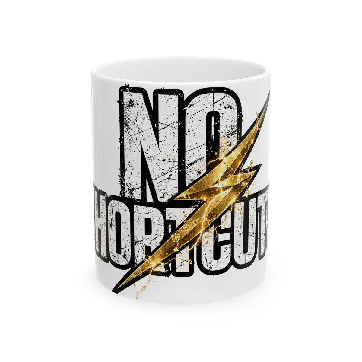 EverAfterWear No Shortcuts mug - ceramic coffee mug mockup with gold streetwear design