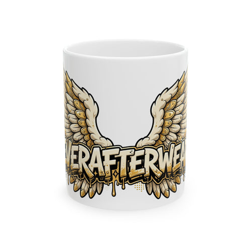 EverAfterWear Angel Wings Graffiti mug - ceramic coffee mug mockup with gold streetwear design