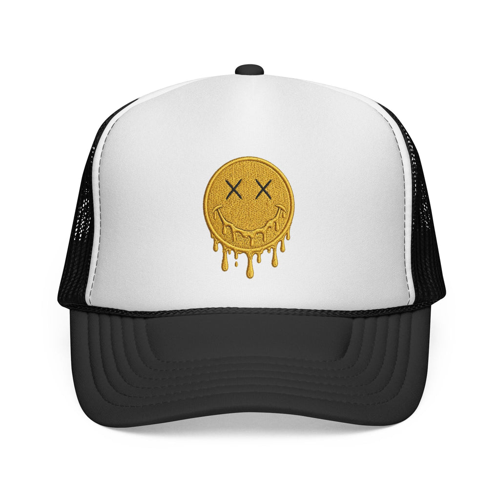 EverAfterWear Melting Smiley trucker hat - headwear mockup with gold streetwear design