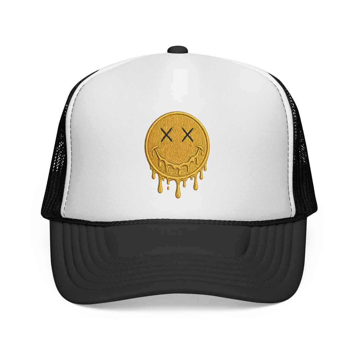 EverAfterWear Melting Smiley trucker hat - headwear mockup with gold streetwear design