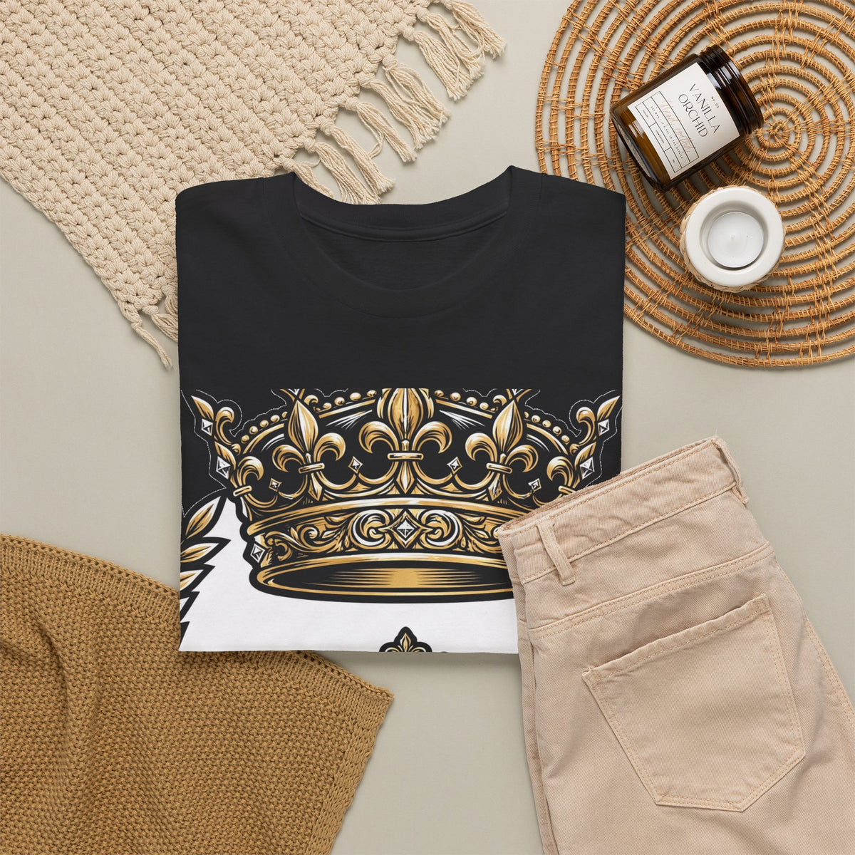 EverAfterWear Gold Crown Laurel tee - product mockup with gold streetwear design - alternate view