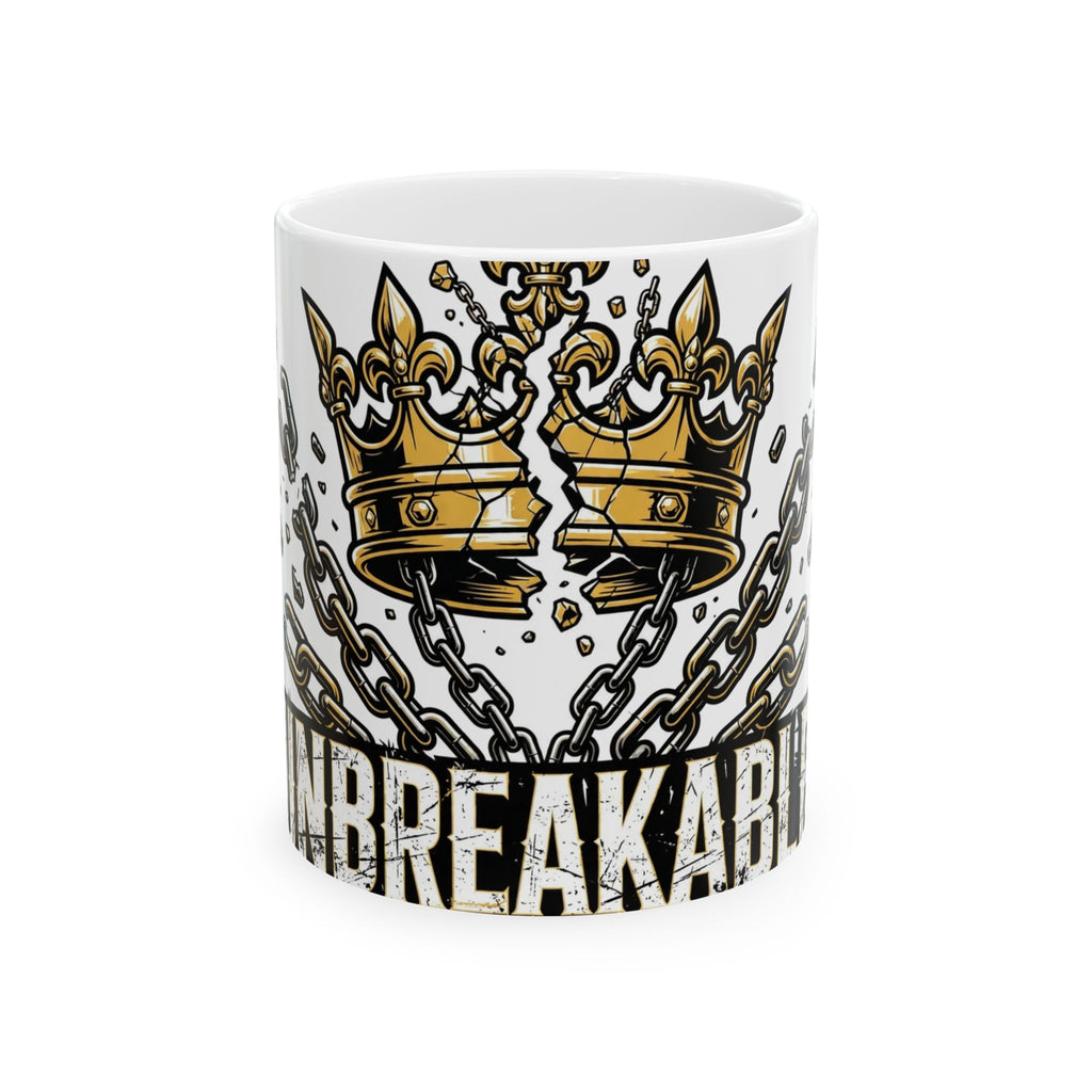 EverAfterWear Unbreakable Crown mug - ceramic coffee mug mockup with gold streetwear design