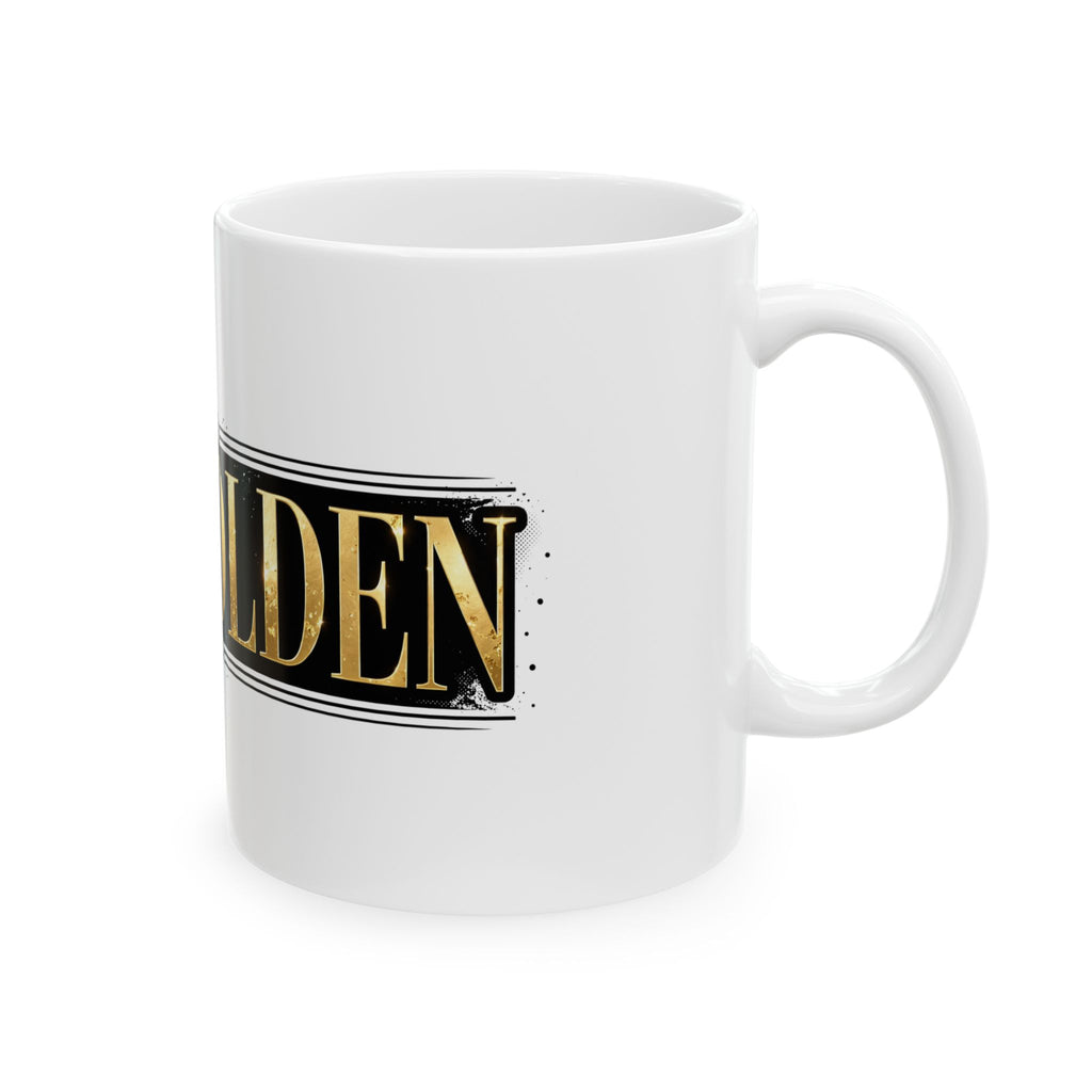 EverAfterWear Stay Golden mug - ceramic coffee mug mockup with gold streetwear design - alternate view