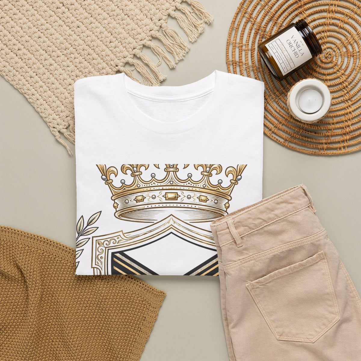 EverAfterWear Royal Crest MMXXVI Women's tee - product mockup with gold streetwear design - alternate view
