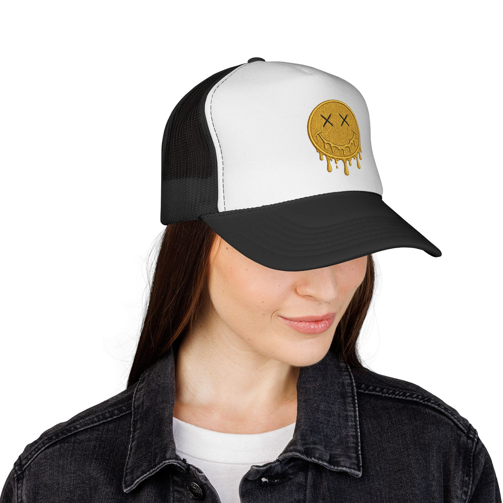 EverAfterWear Melting Smiley trucker hat - headwear mockup with gold streetwear design - alternate view