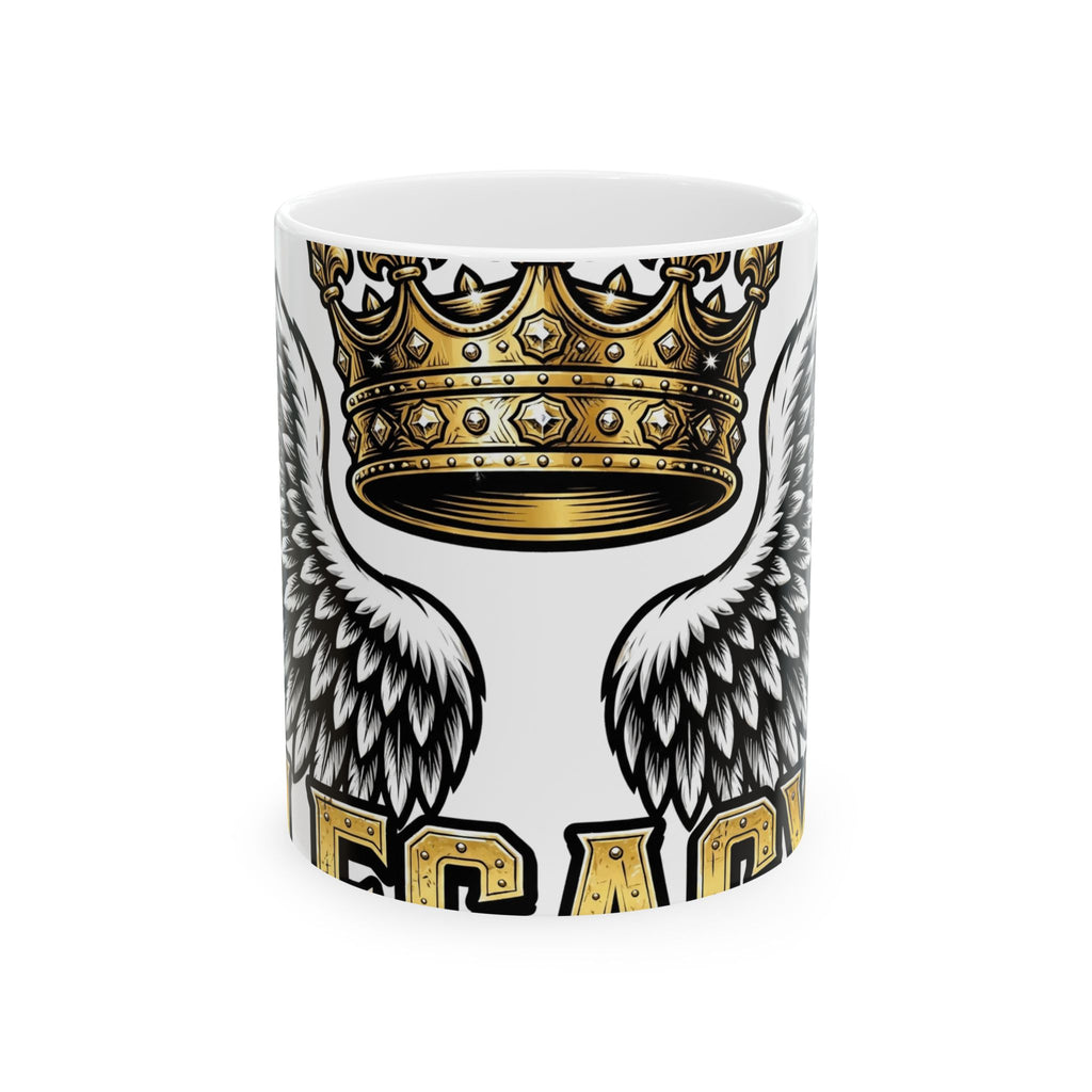EverAfterWear Legacy Wings Crown Men's mug - ceramic coffee mug mockup with gold streetwear design