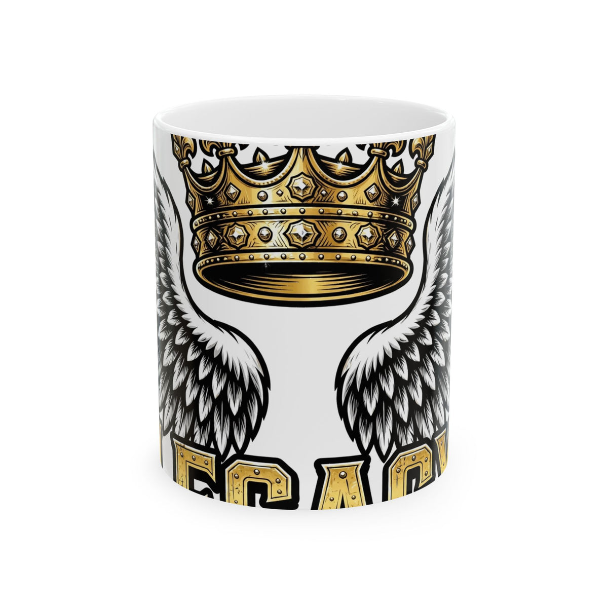 EverAfterWear Legacy Wings Crown Men's mug - ceramic coffee mug mockup with gold streetwear design