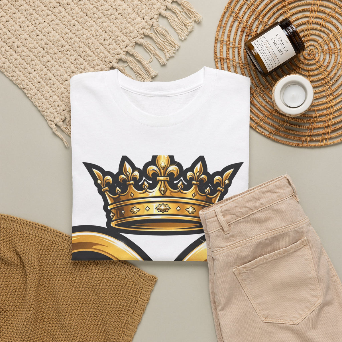 EverAfterWear HERO Crown EA Logo tee - product mockup with gold streetwear design - alternate view
