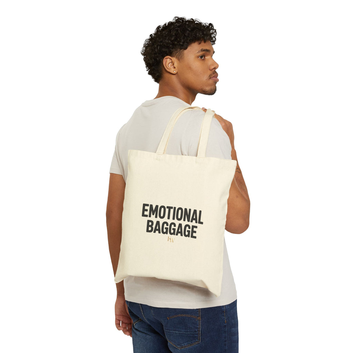 EverAfterWear Emotional Baggage tote bag - product mockup with gold streetwear design - alternate view