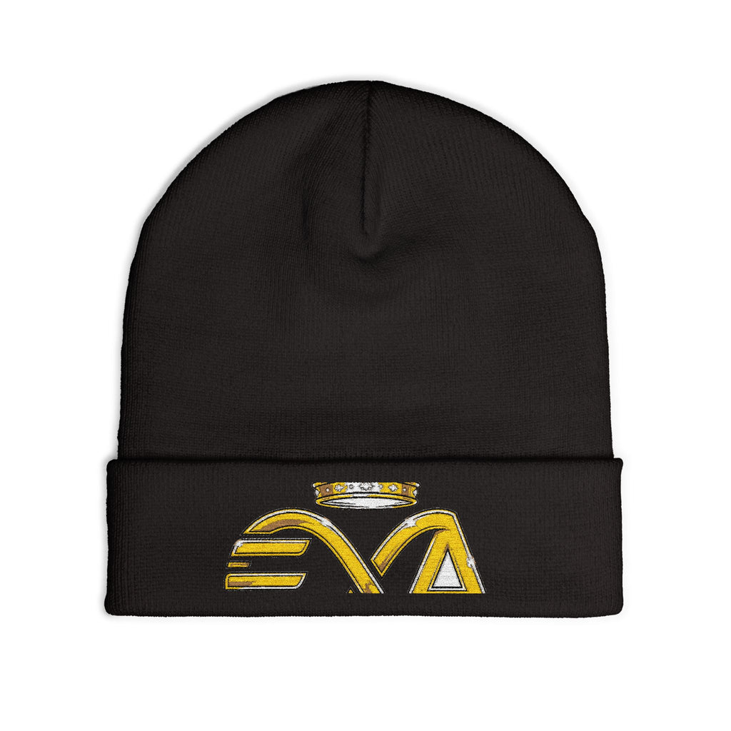 EverAfterWear HERO Crown Logo Refined Women's beanie - headwear mockup with gold streetwear design - alternate view