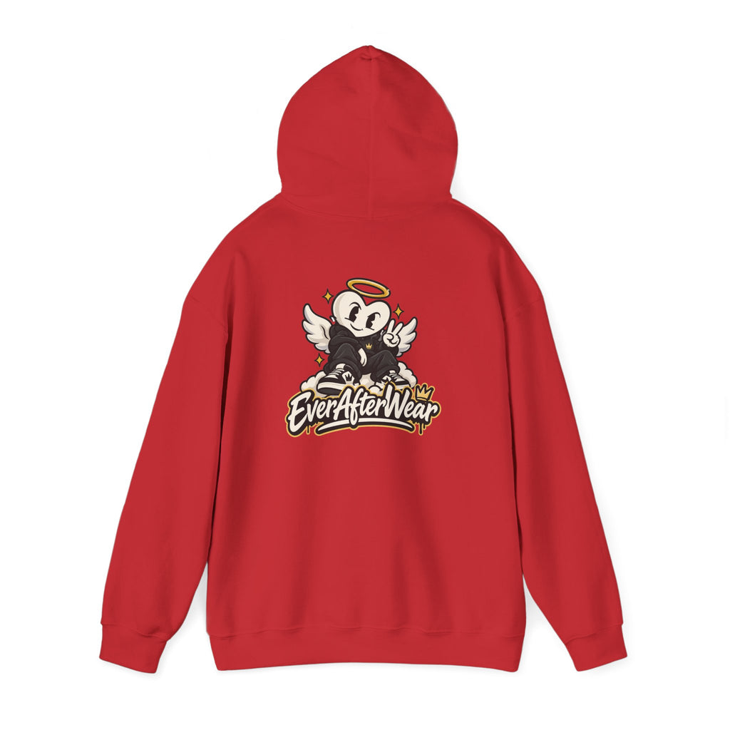 EverAfterWear Retro Cartoon Hoodie — Winged Character Logo hoodie - product mockup with gold streetwear design - alternate vi