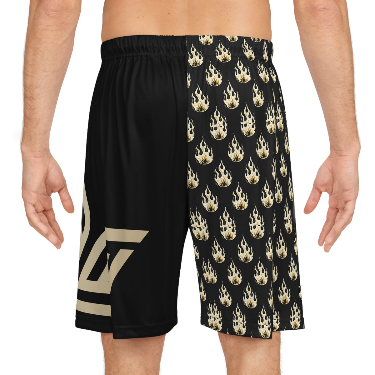 EverAfterWear Gold Flames basketball shorts - product mockup with gold streetwear design - alternate view