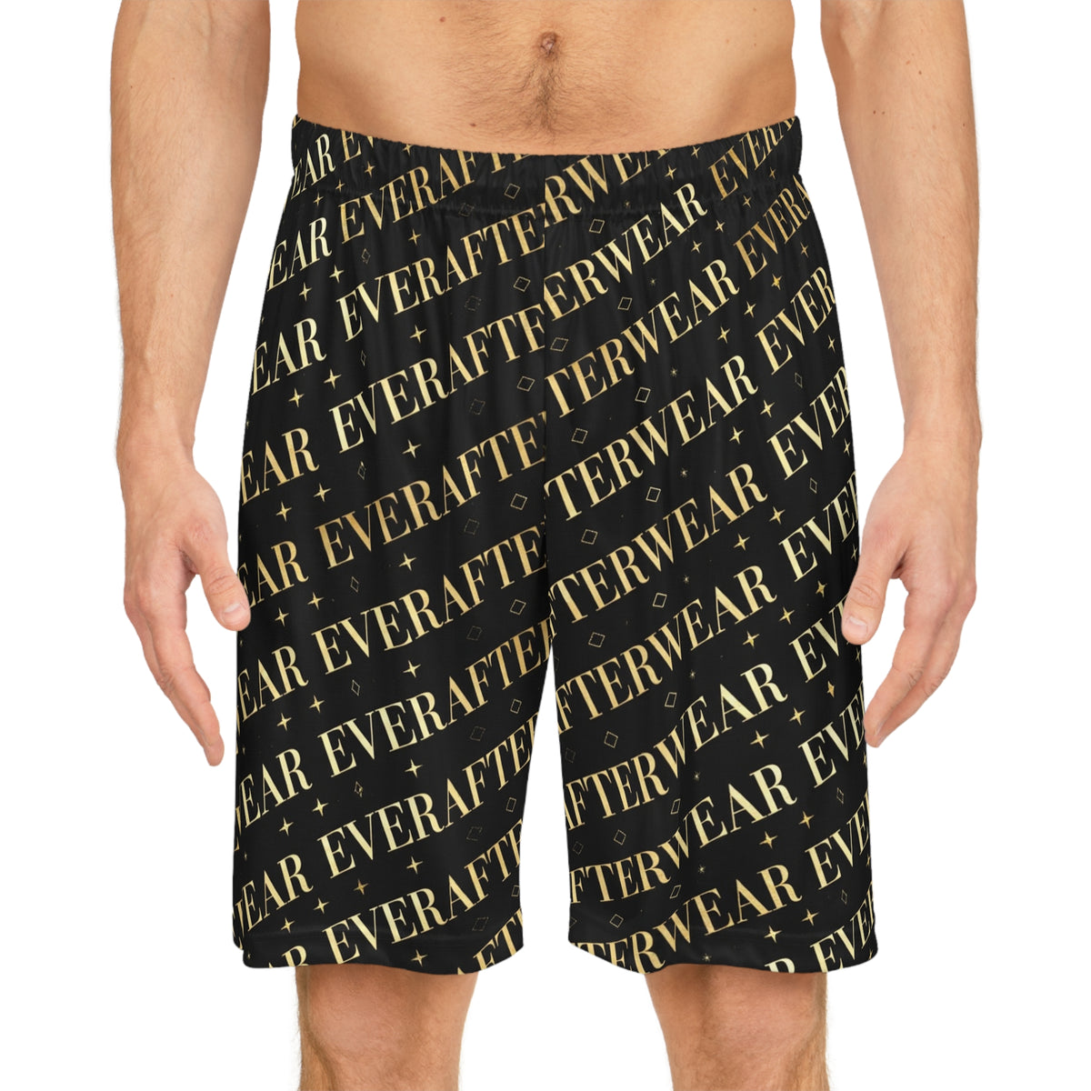 EverAfterWear Gold Text basketball shorts - product mockup with gold streetwear design - alternate view