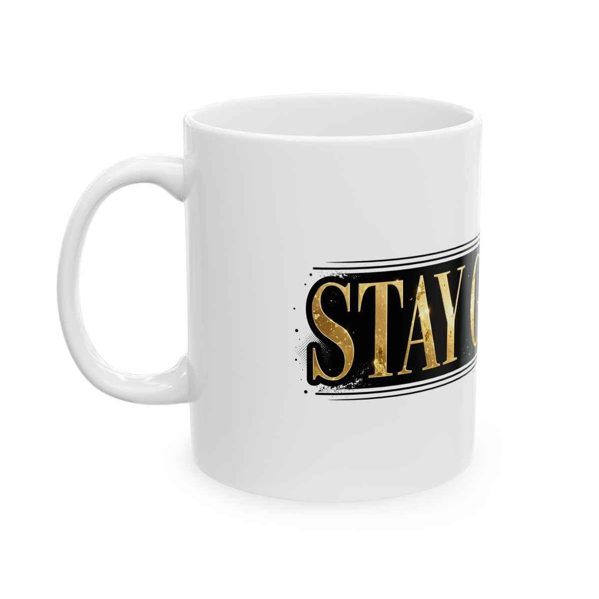 EverAfterWear Stay Golden mug - ceramic coffee mug mockup with gold streetwear design - alternate view