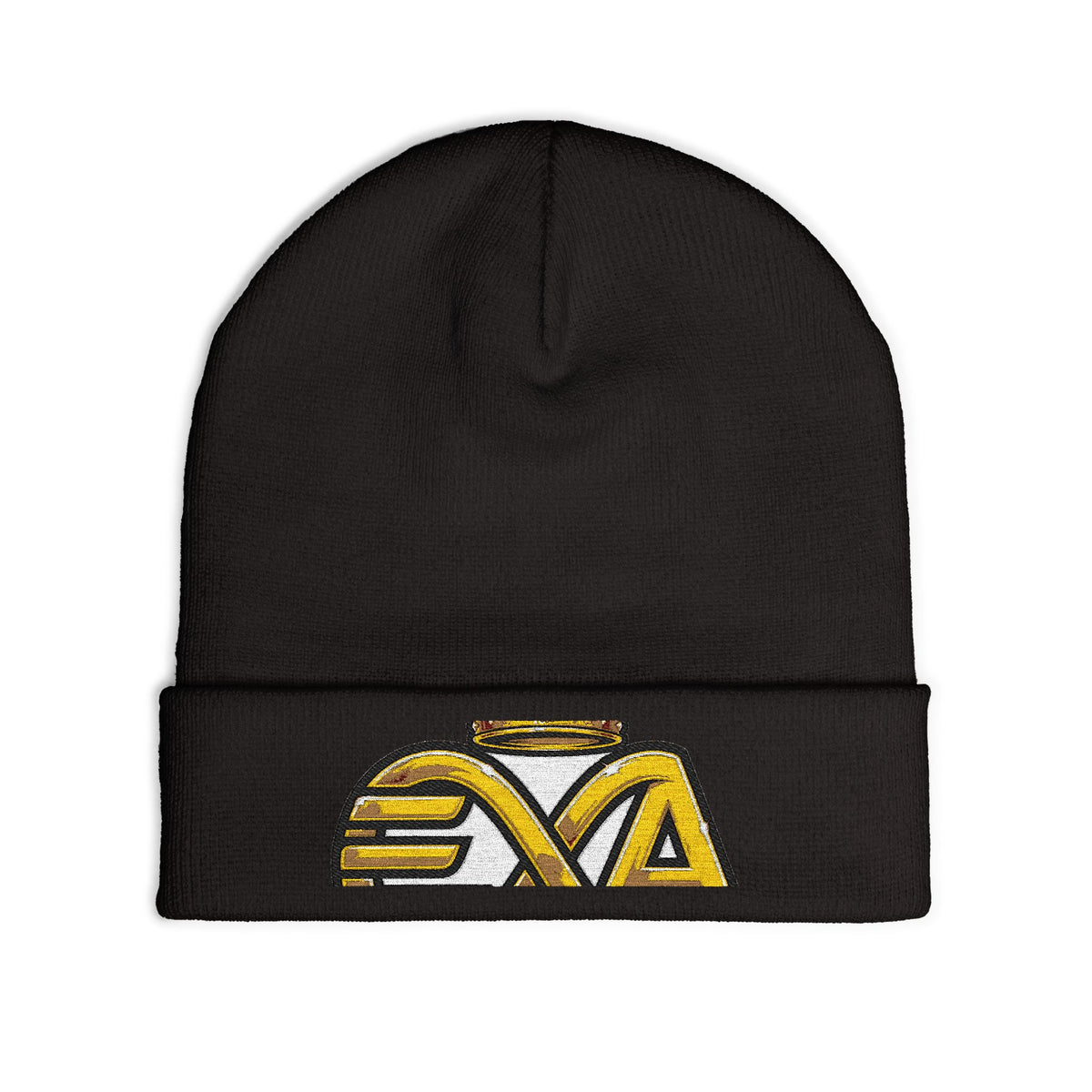 EverAfterWear HERO Crown EA Logo beanie - headwear mockup with gold streetwear design - alternate view