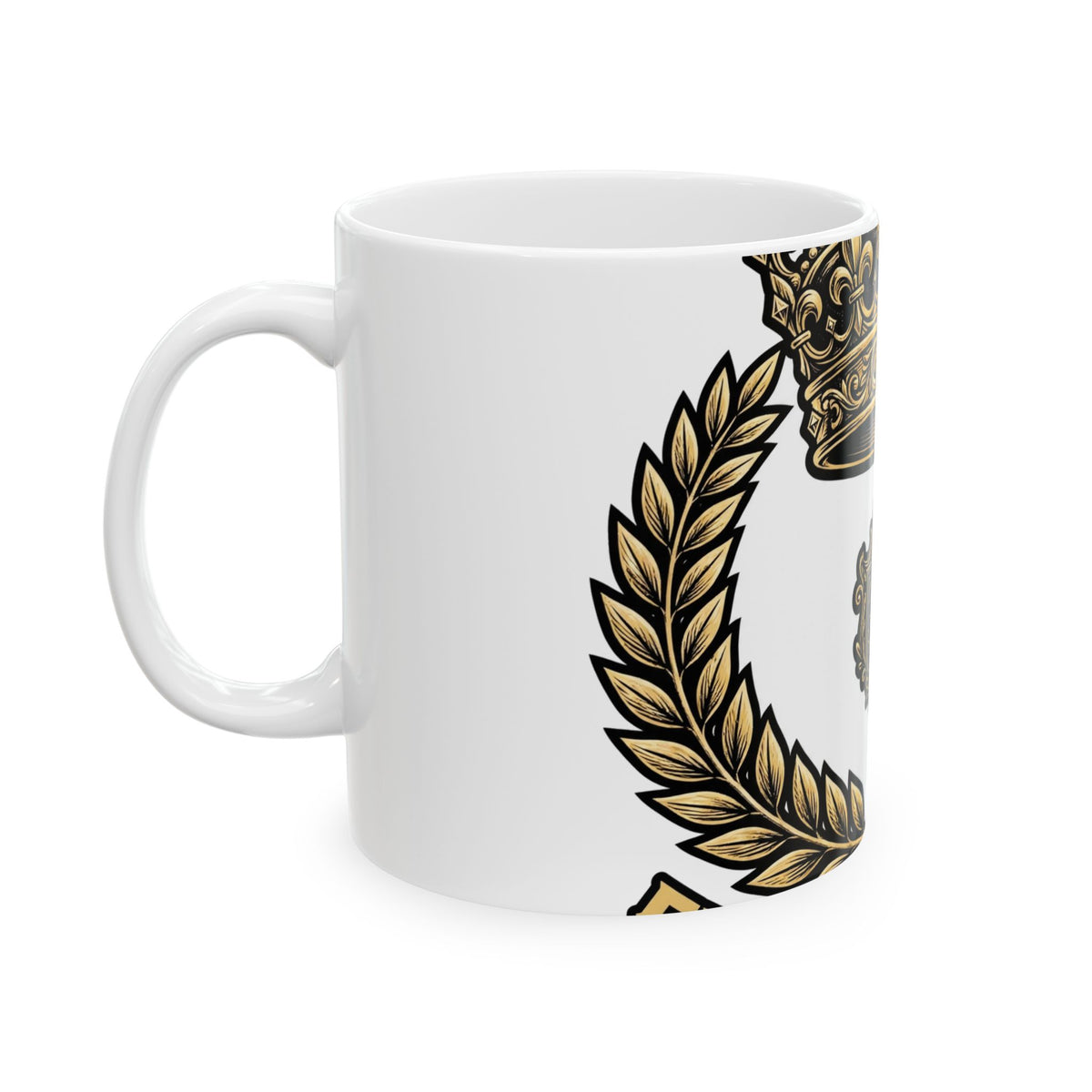 EverAfterWear Gold Crown Laurel Men's mug - ceramic coffee mug mockup with gold streetwear design - alternate view