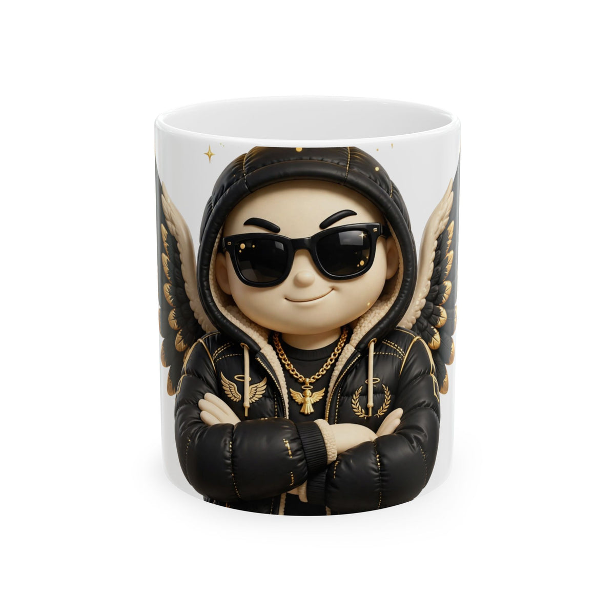 EverAfterWear Cool Angel mug - ceramic coffee mug mockup with gold streetwear design