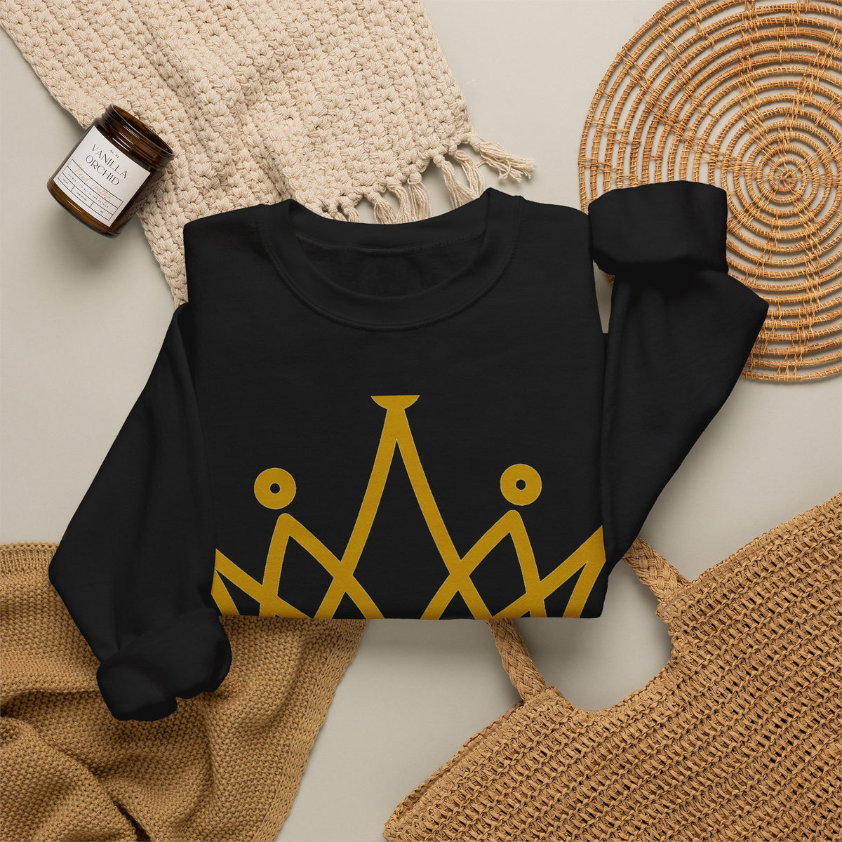 EverAfterWear Petit Crown Men's sweatshirt - product mockup with gold streetwear design - alternate view