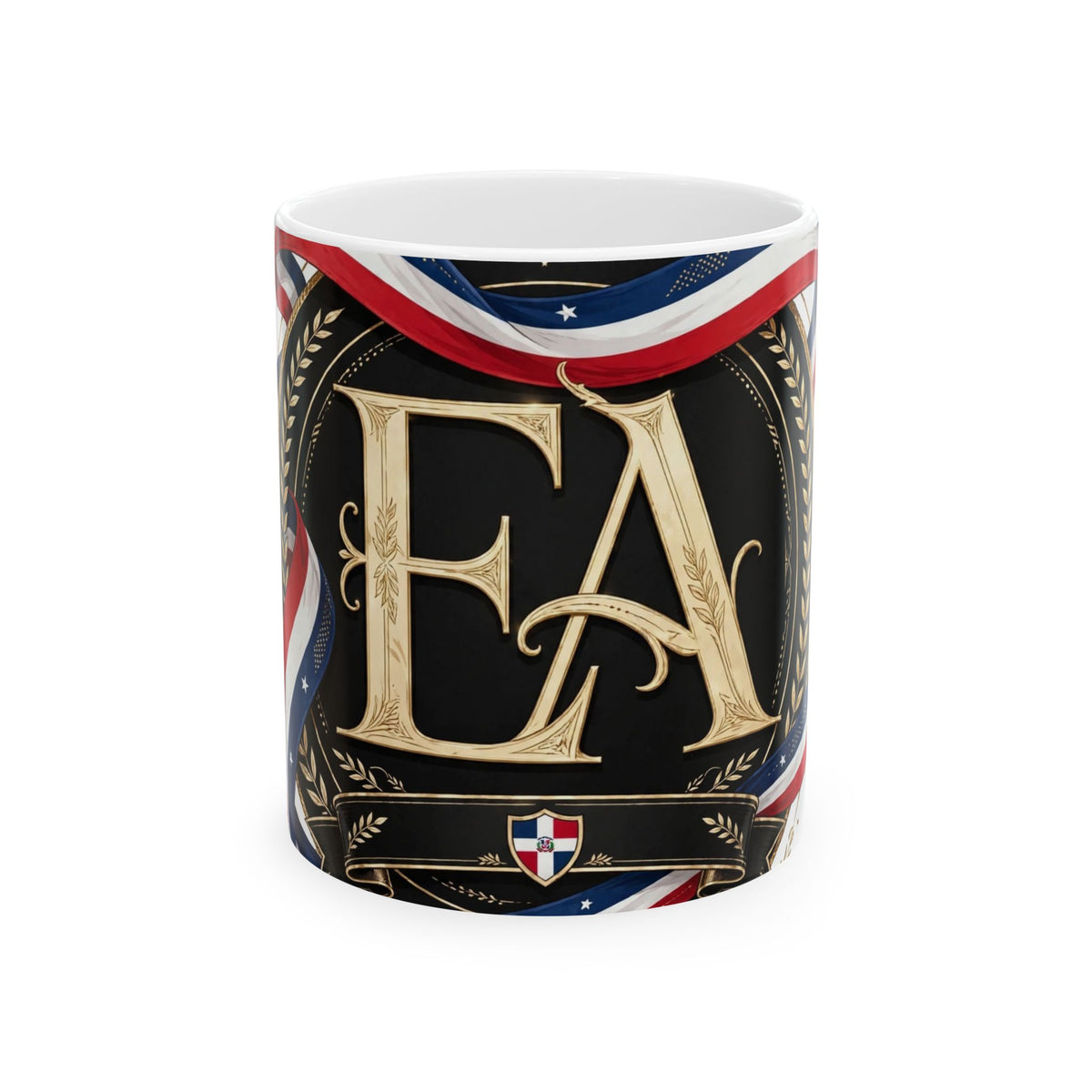 EverAfterWear Flag Ribbon EA Women's mug - ceramic coffee mug mockup with gold streetwear design