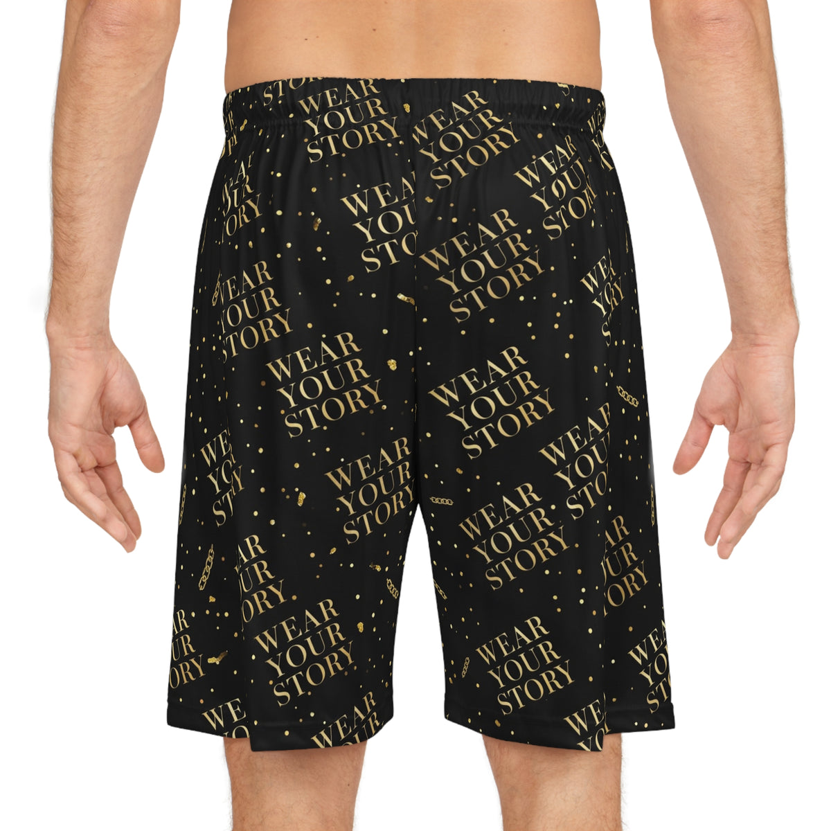EverAfterWear Wear Your Story basketball shorts - product mockup with gold streetwear design - alternate view