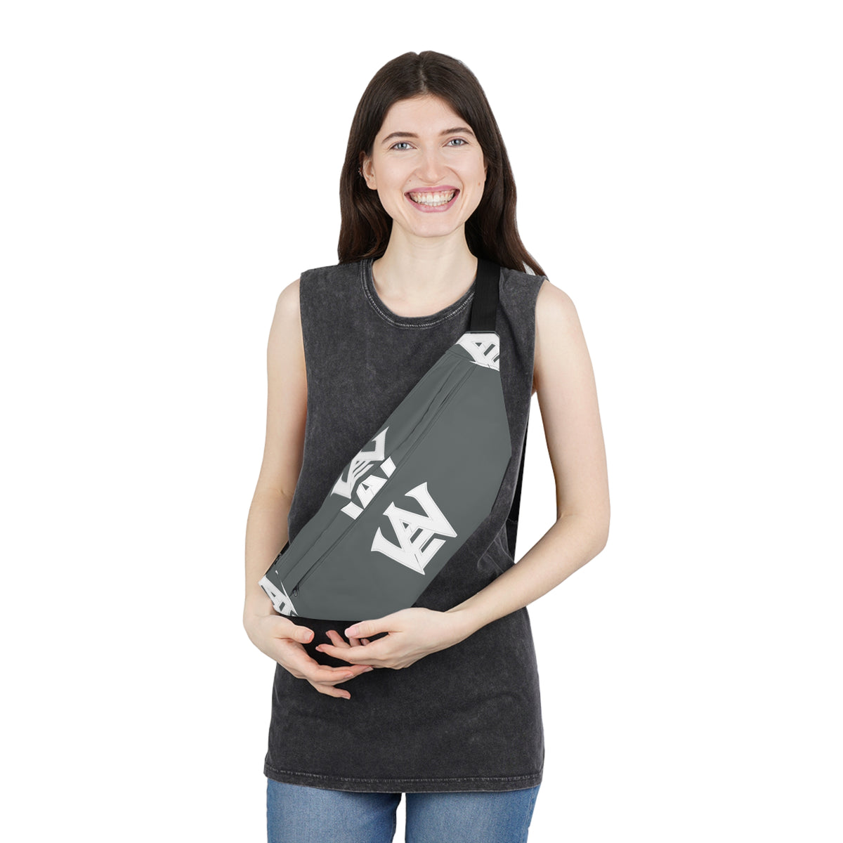 EverAfterWear Grey Monogram fanny pack - product mockup with gold streetwear design - alternate view