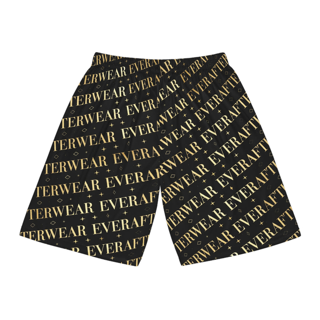 EverAfterWear Gold Text basketball shorts - product mockup with gold streetwear design - alternate view