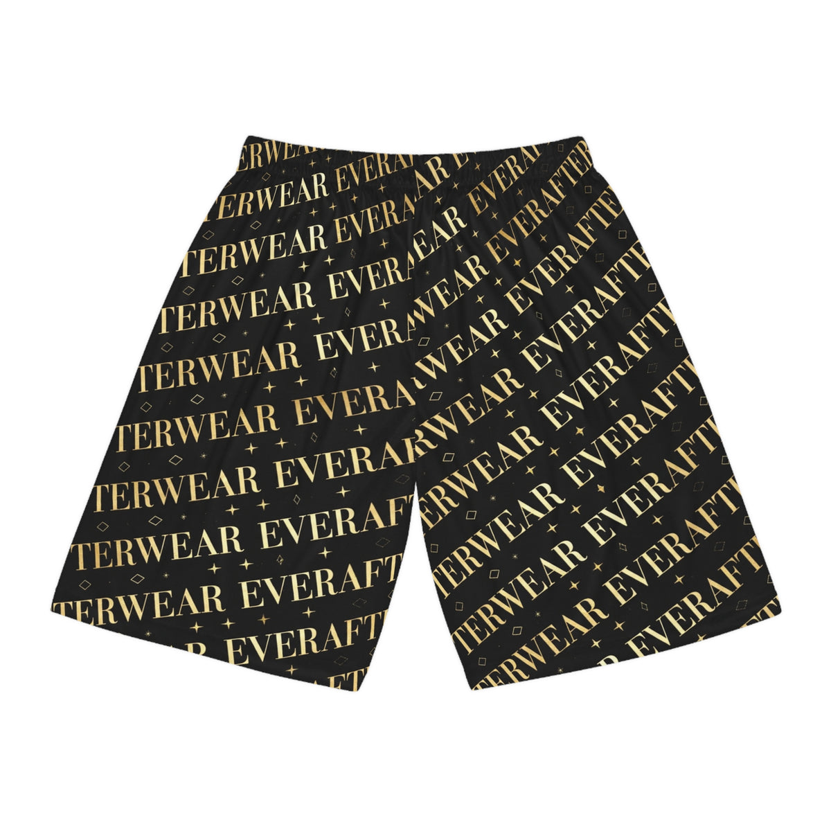 EverAfterWear Gold Text basketball shorts - product mockup with gold streetwear design - alternate view