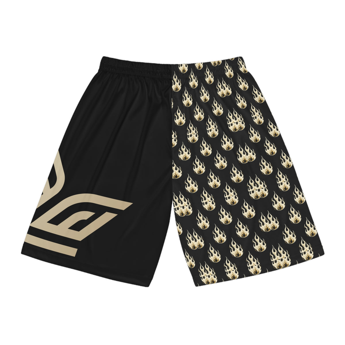 EverAfterWear Gold Flames basketball shorts - product mockup with gold streetwear design - alternate view