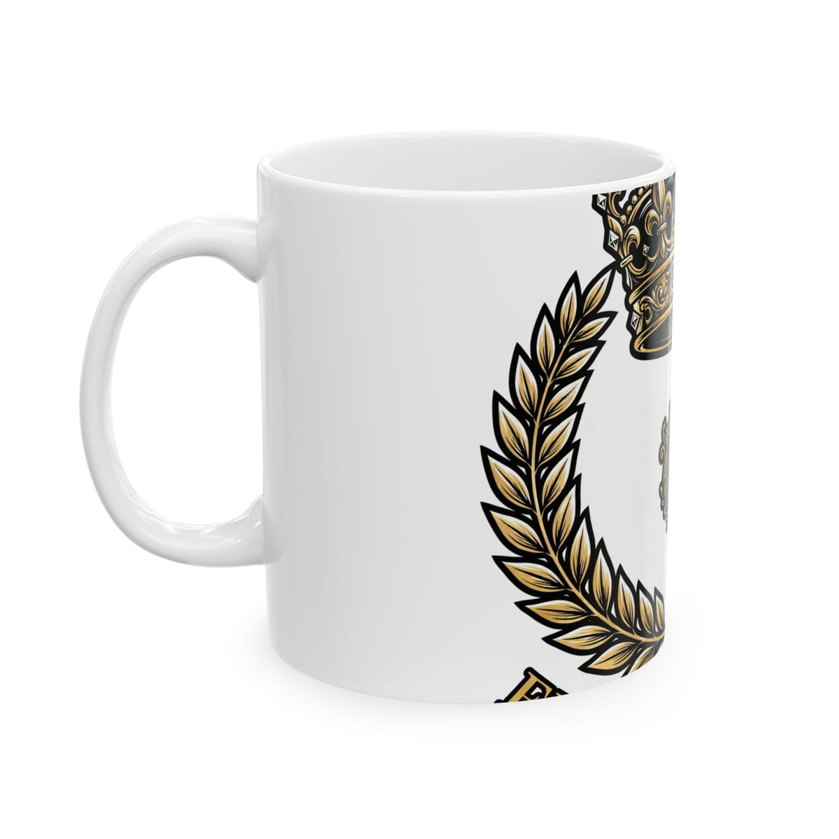 EverAfterWear Gold Crown Laurel mug - ceramic coffee mug mockup with gold streetwear design - alternate view