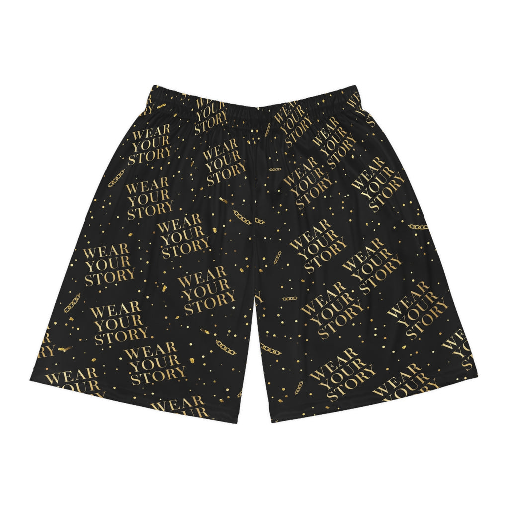 EverAfterWear Wear Your Story basketball shorts - product mockup with gold streetwear design