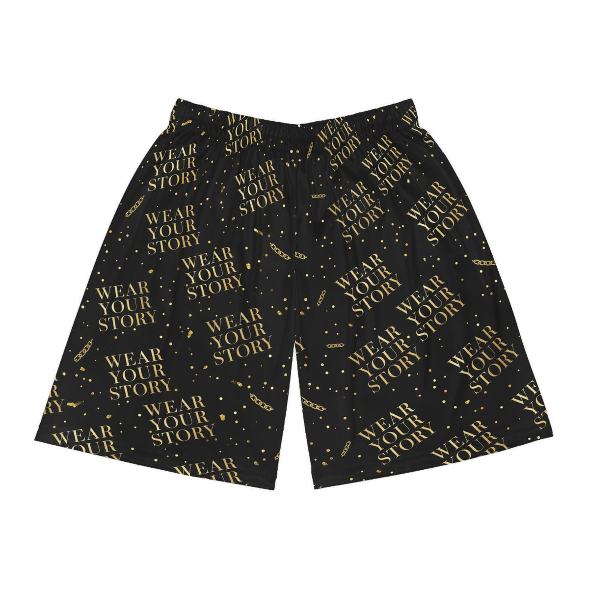 EverAfterWear Wear Your Story basketball shorts - product mockup with gold streetwear design