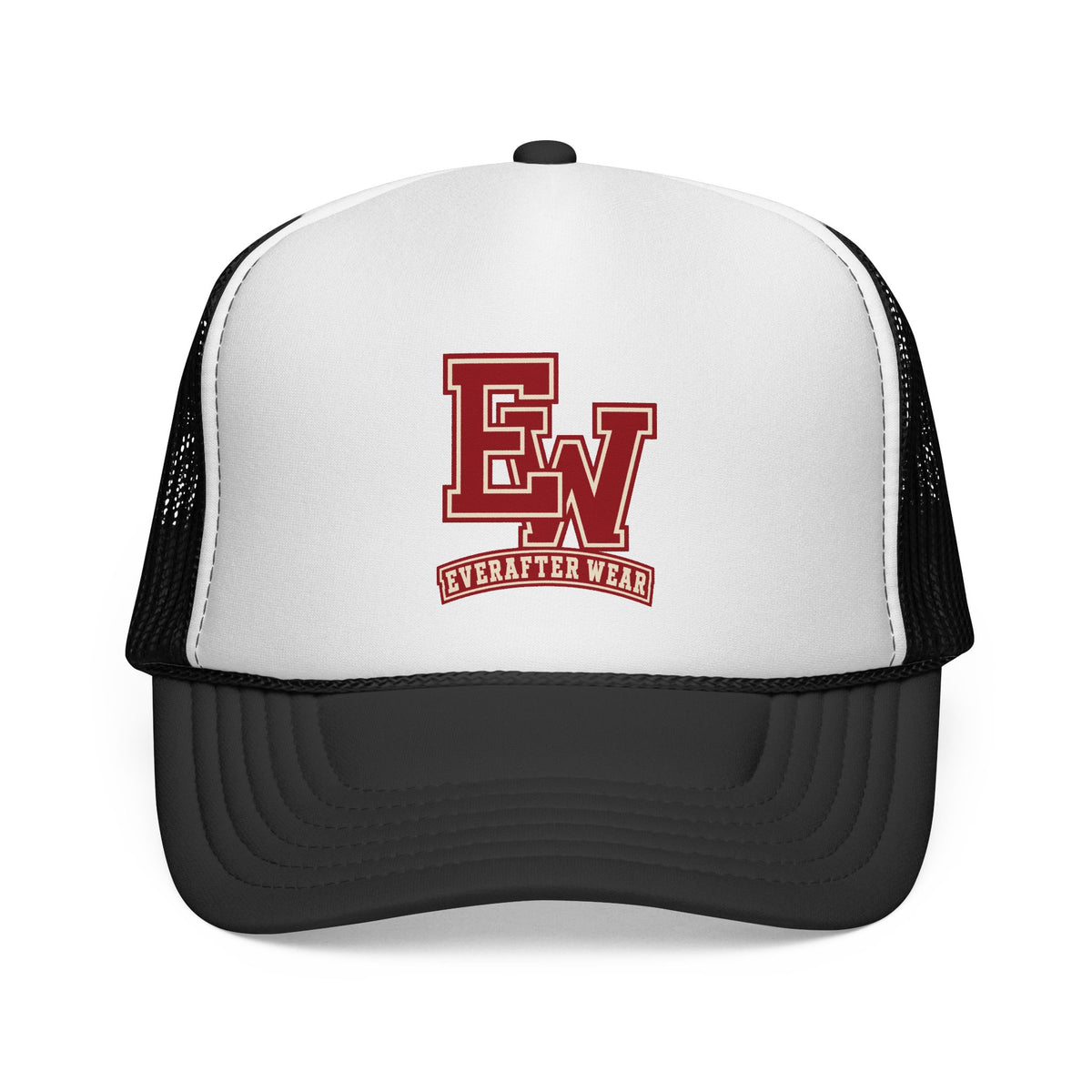 EverAfterWear Red Varsity EW trucker hat - headwear mockup with gold streetwear design