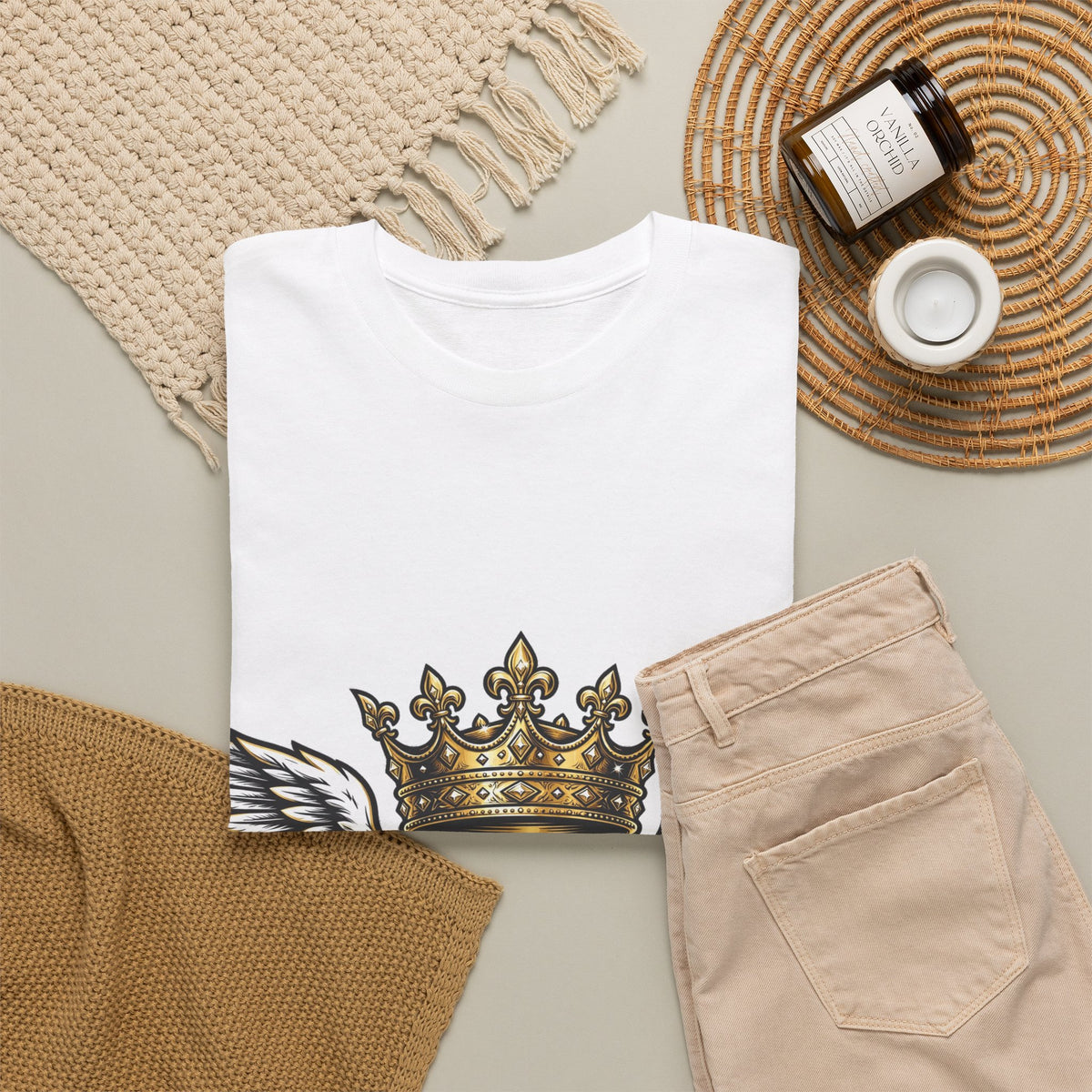 EverAfterWear Legacy Wings Crown tee - product mockup with gold streetwear design - alternate view