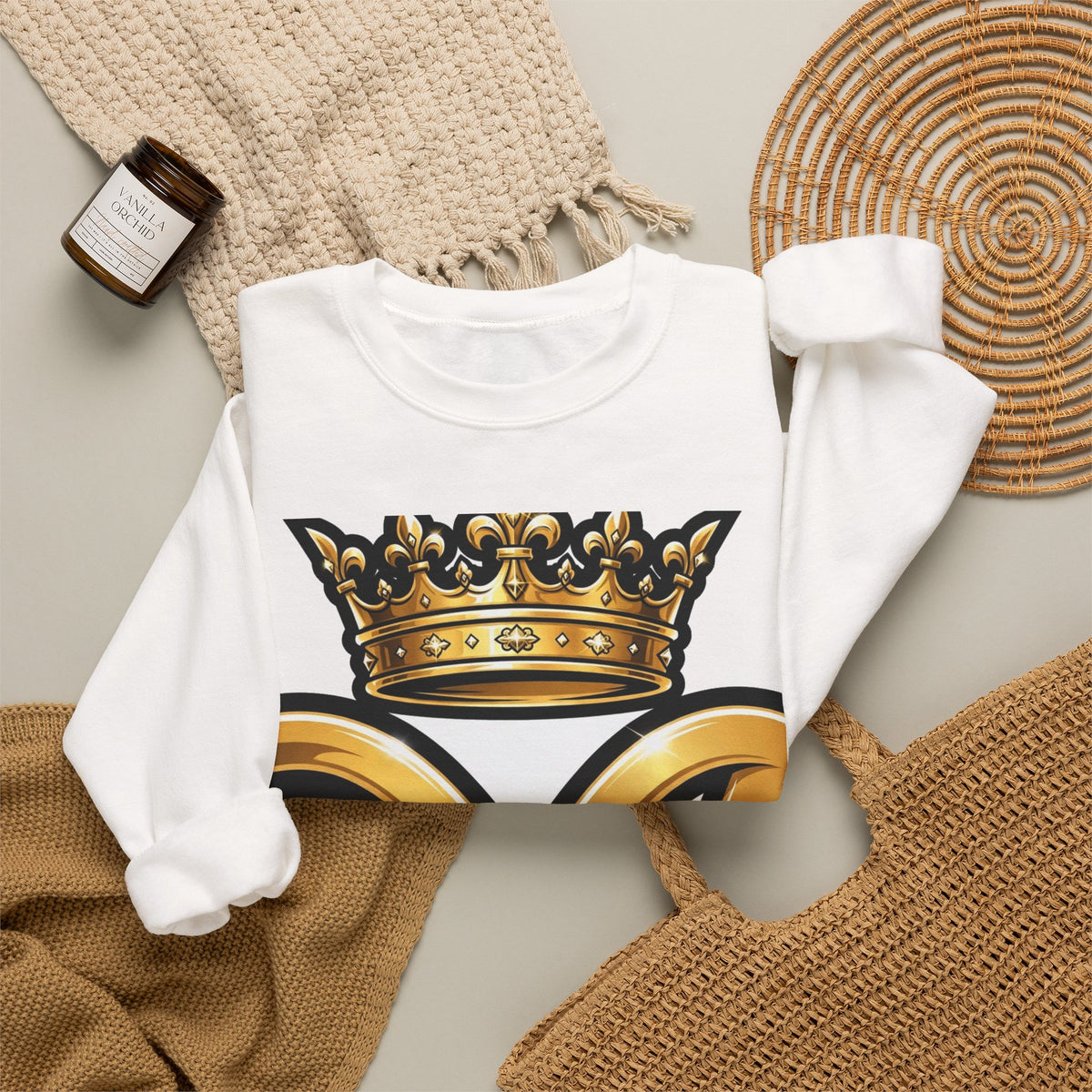 EverAfterWear HERO Crown EA Logo sweatshirt - product mockup with gold streetwear design - alternate view
