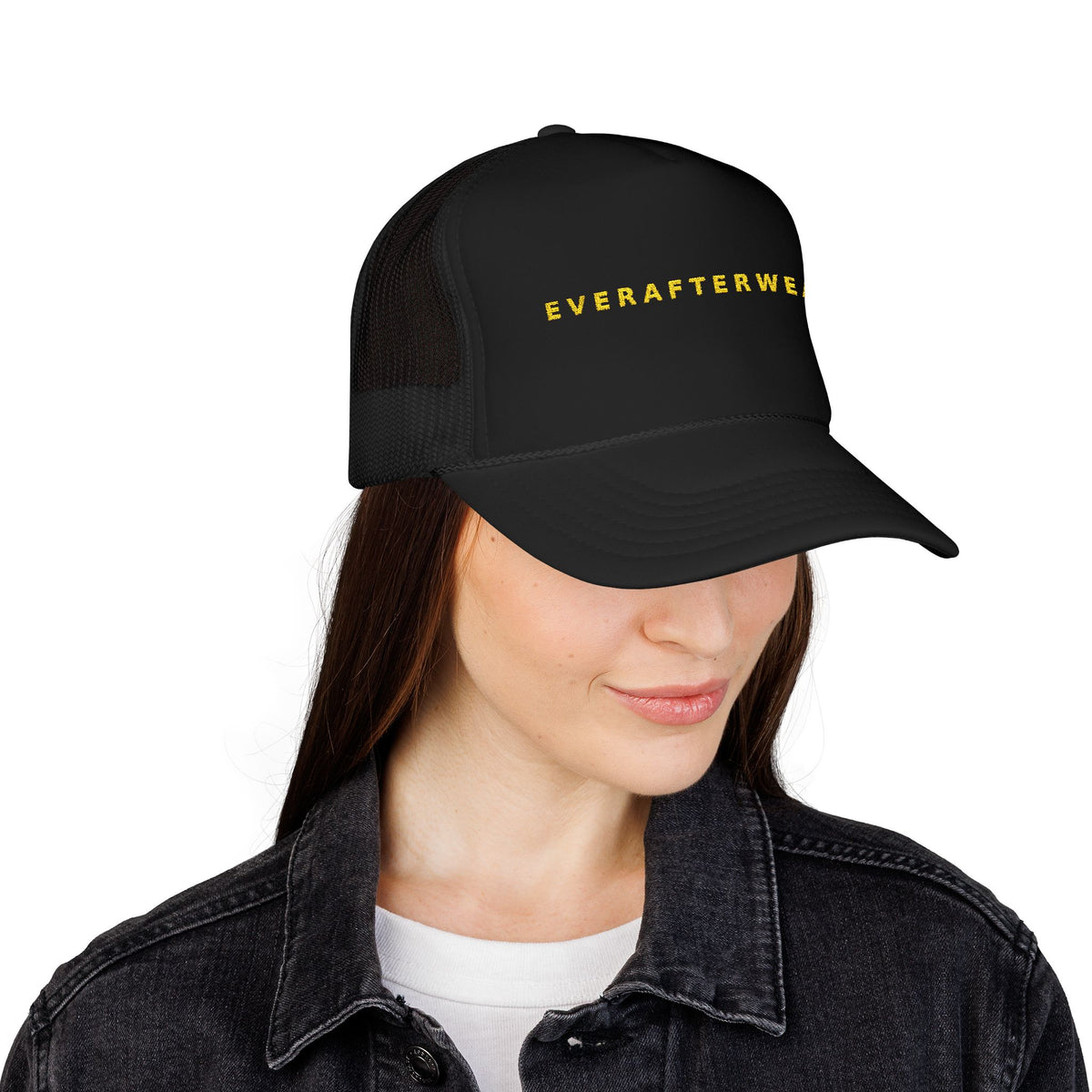 EverAfterWear Gold Wordmark trucker hat - headwear mockup with gold streetwear design - alternate view