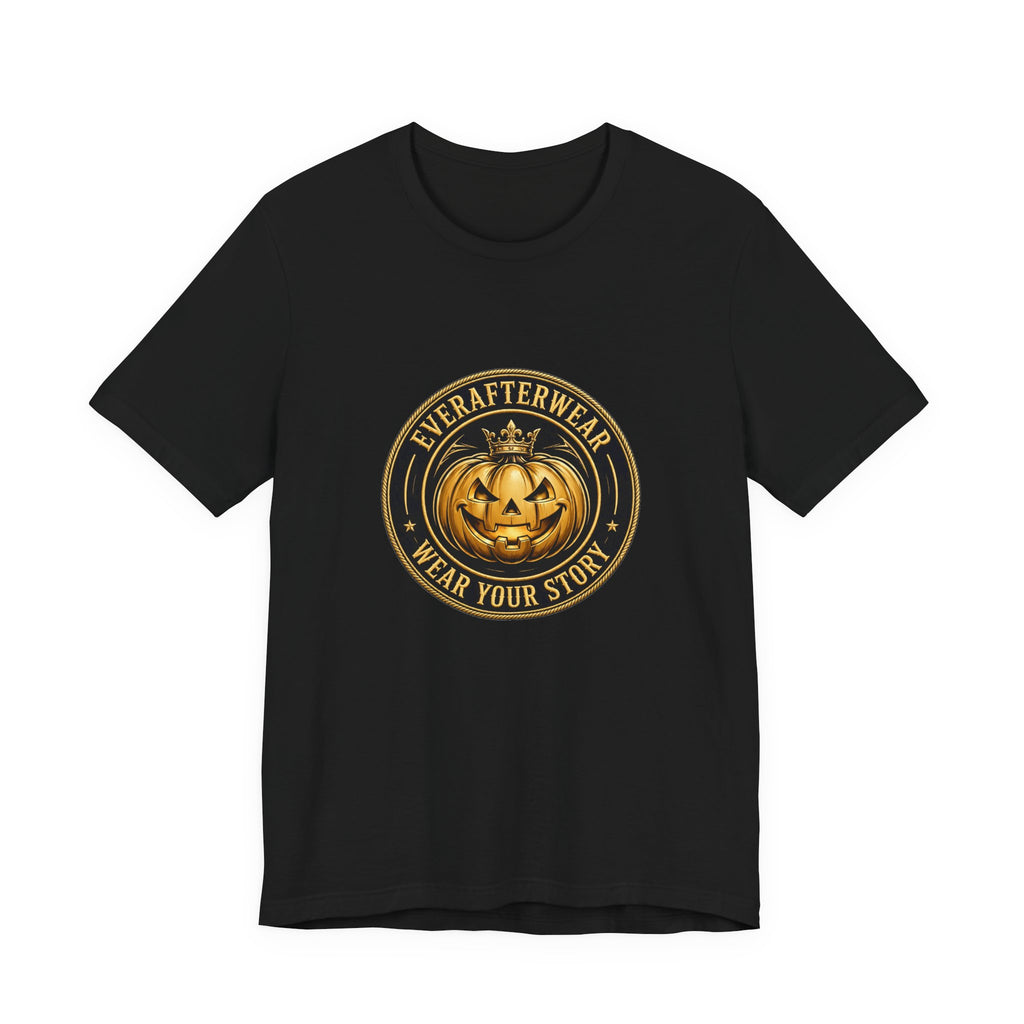 EverAfterWear Pumpkin Badge Tee – Halloween Edition tee - product mockup with gold streetwear design