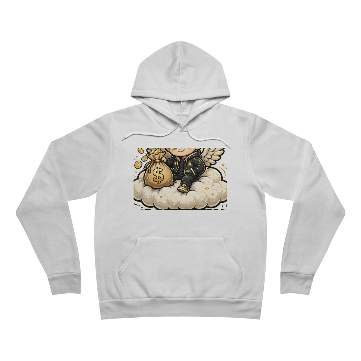 EverAfterWear Heavenly Hustle Angel hoodie - product mockup with gold streetwear design