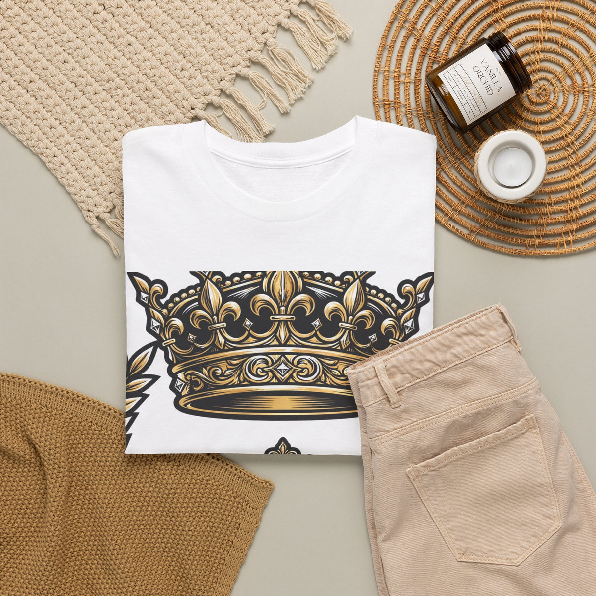 EverAfterWear Gold Crown Laurel tee - product mockup with gold streetwear design - alternate view