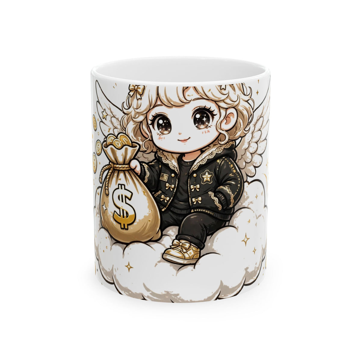 EverAfterWear Heavenly Hustle Angel Women's mug - ceramic coffee mug mockup with gold streetwear design