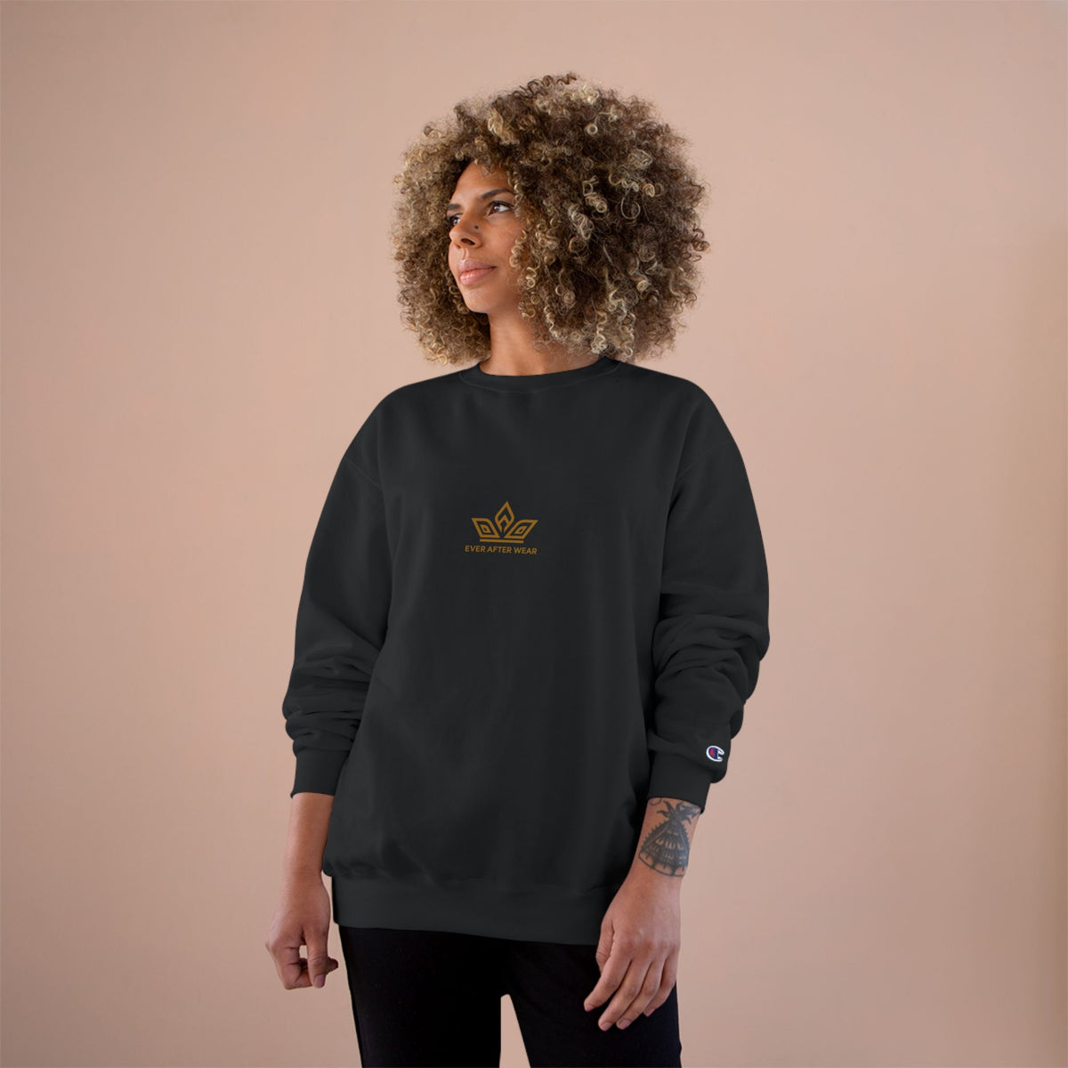 EverAfterWear Gold Crown Champion sweatshirt - product mockup with gold streetwear design - alternate view