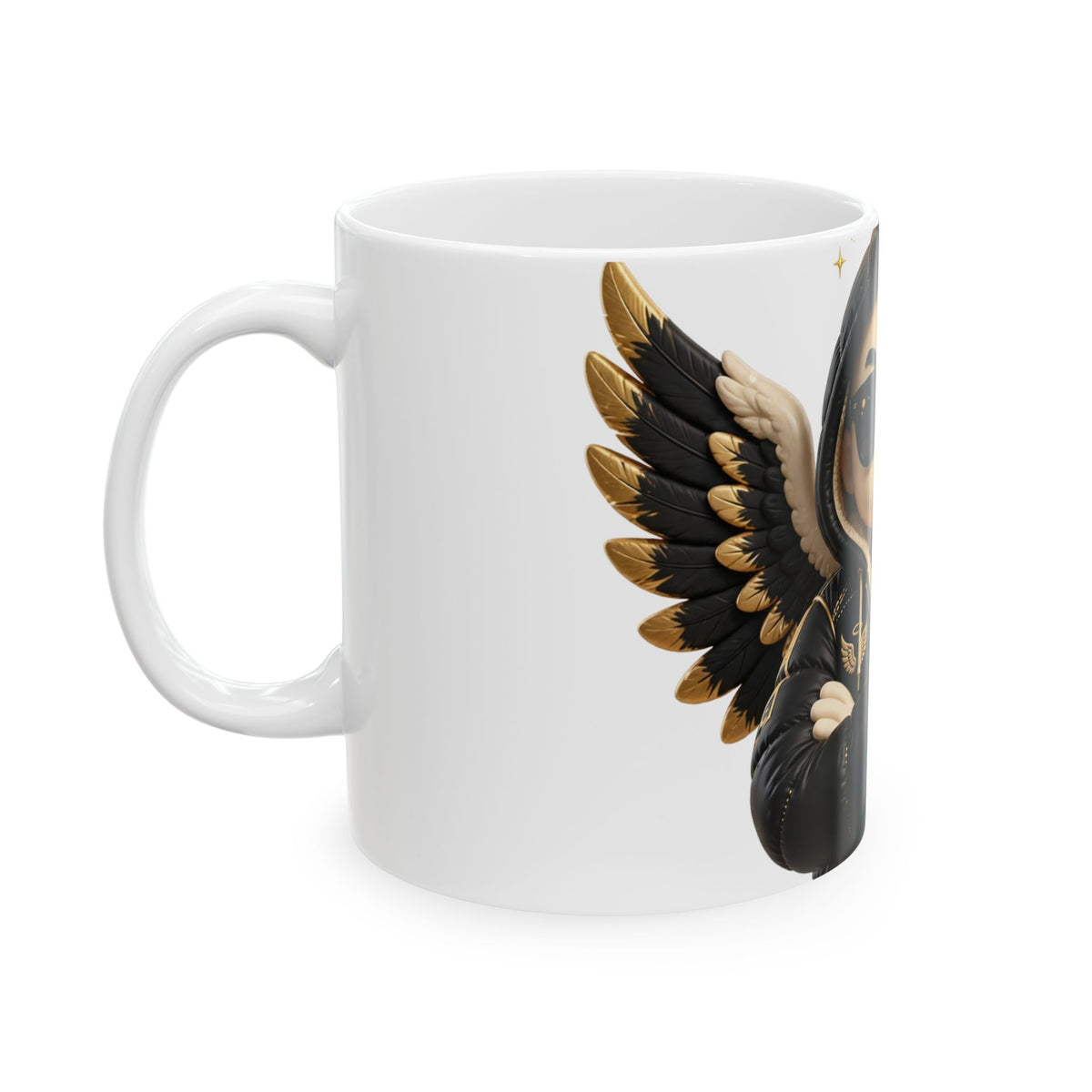 EverAfterWear Cool Angel mug - ceramic coffee mug mockup with gold streetwear design - alternate view