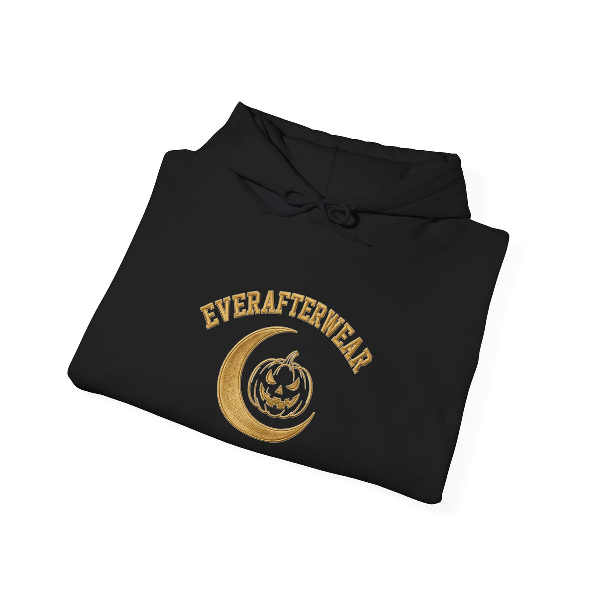 EverAfterWear Halloween Moon hoodie - product mockup with gold streetwear design - alternate view