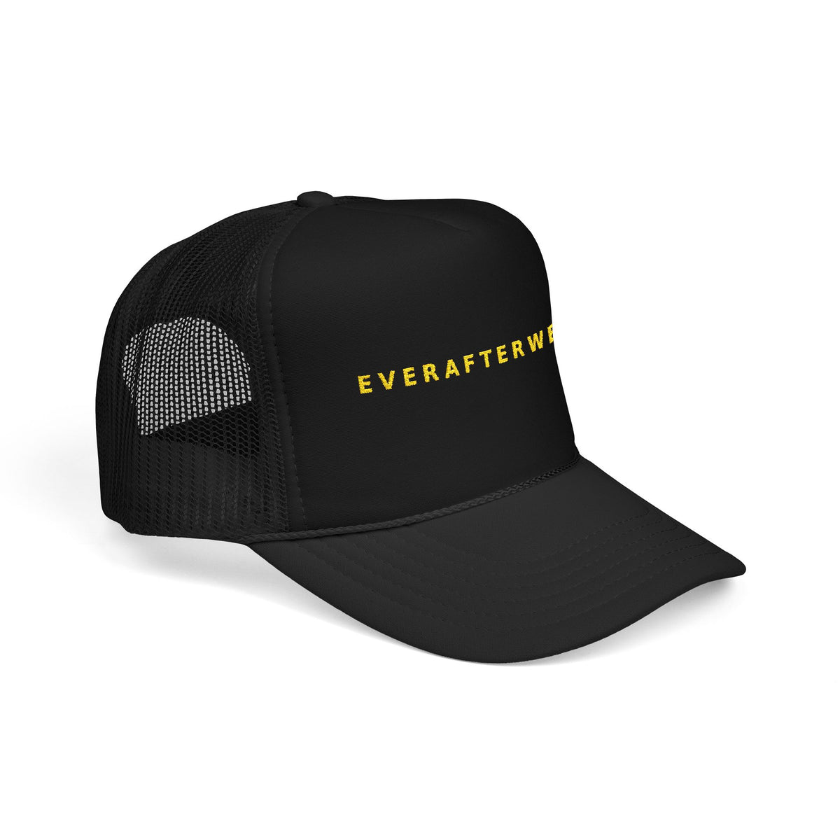 EverAfterWear Gold Wordmark trucker hat - headwear mockup with gold streetwear design - alternate view