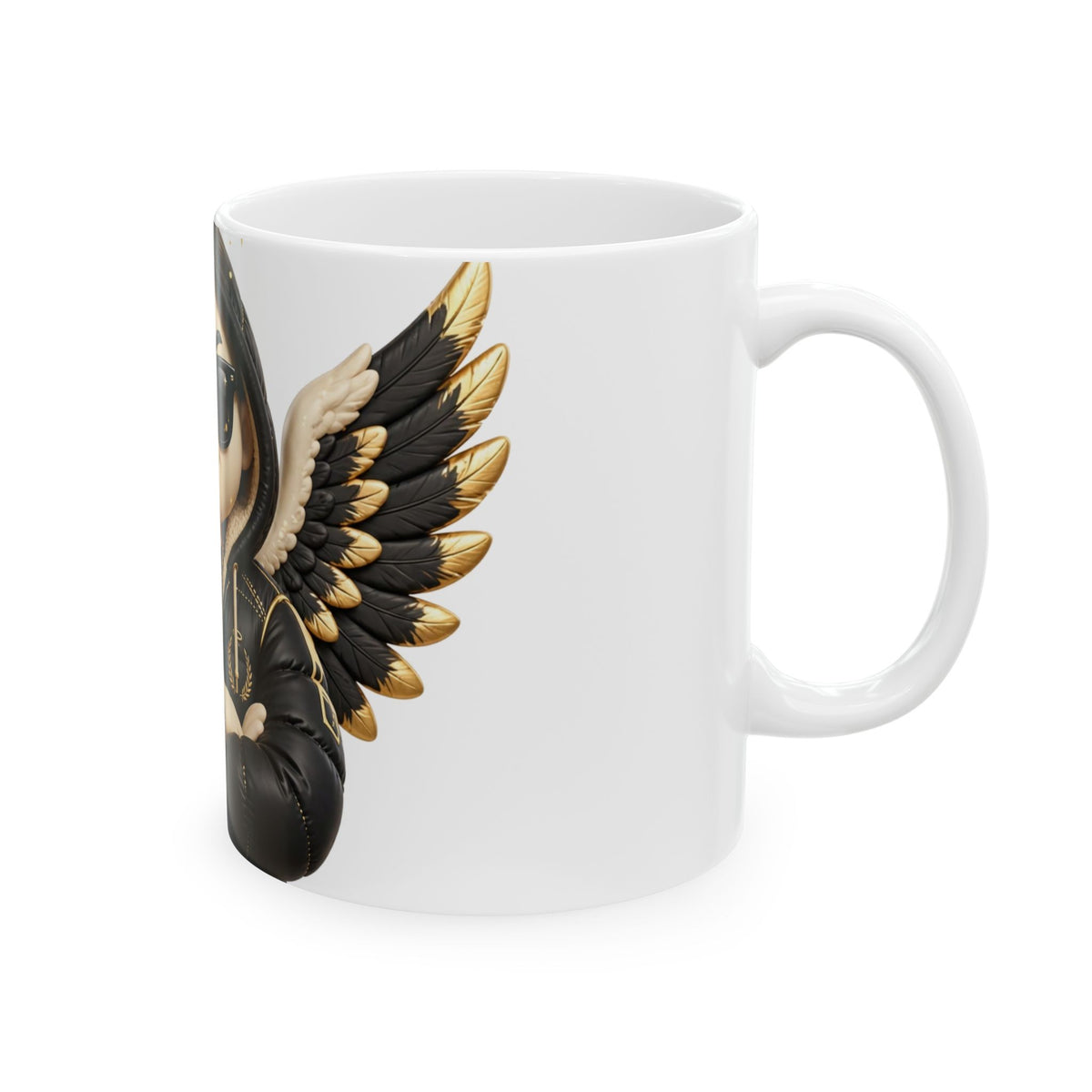 EverAfterWear Cool Angel mug - ceramic coffee mug mockup with gold streetwear design - alternate view