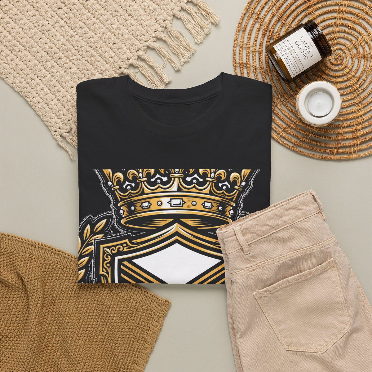 EverAfterWear Royal Crest MMXXVI tee - product mockup with gold streetwear design - alternate view
